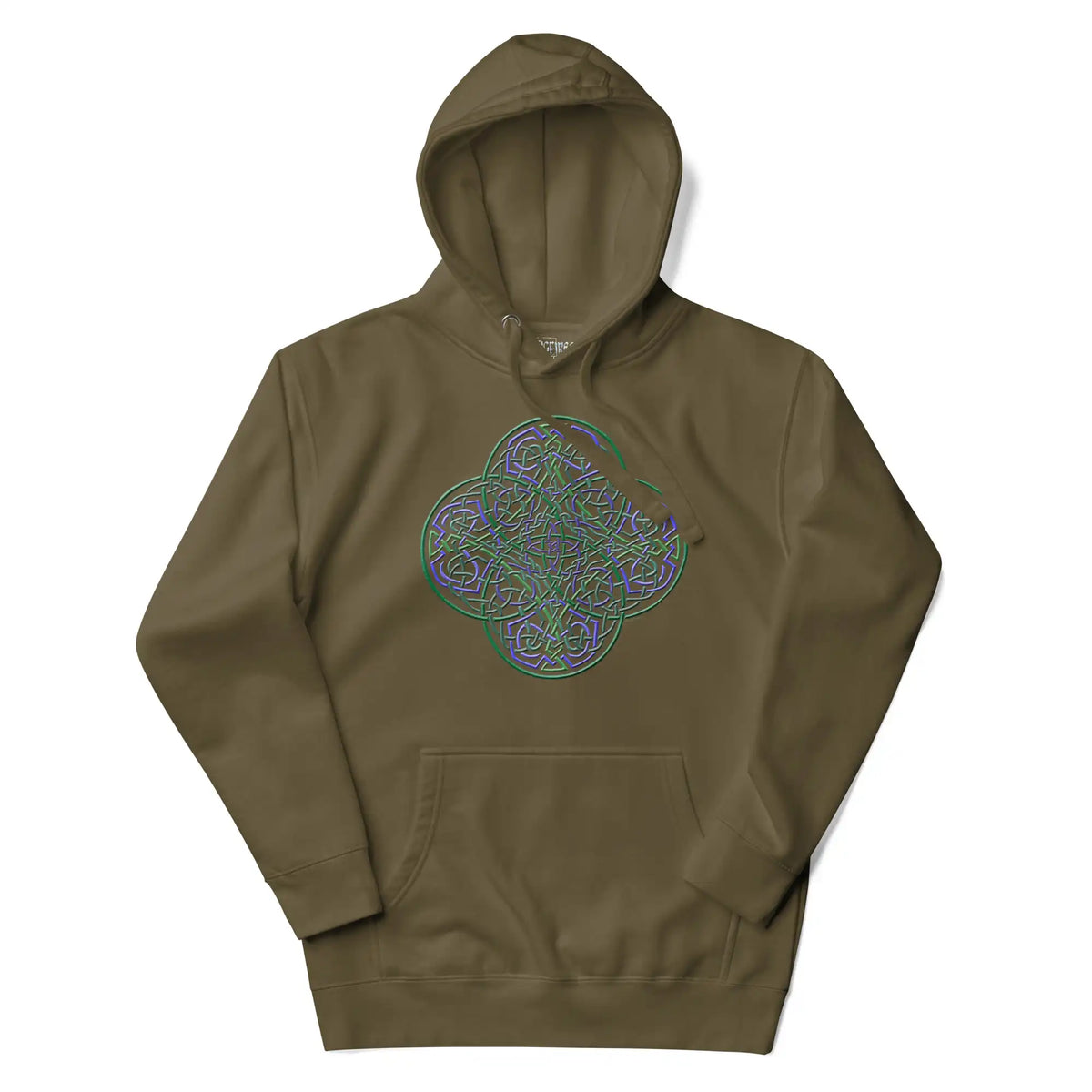 A military green Xigfireon graphic hoodie featuring the Living Colour iteration of the Reach Of The Spirit Celtic knot design. The Reach Of The Spirit Celtic knot is an Earth symbol.