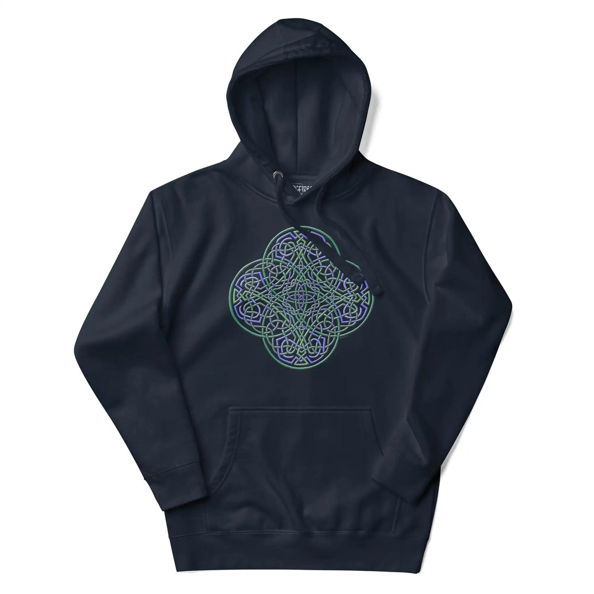 A navy blazer blue Xigfireon graphic hoodie featuring the Living Colour iteration of the Reach Of The Spirit Celtic knot design. The Reach Of The Spirit Celtic knot is an Earth symbol.