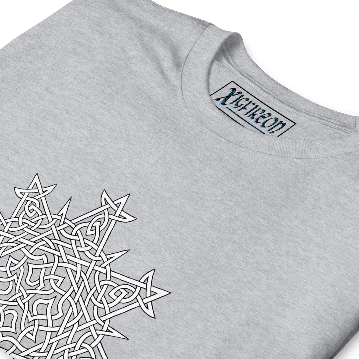 A close-up view of a sport grey Xigfireon graphic t-shirt featuring the Black & White Hollow iteration of the Morning Star Fire Celtic knot design. The Morning Star Fire Celtic knot symbolizes the Sun.