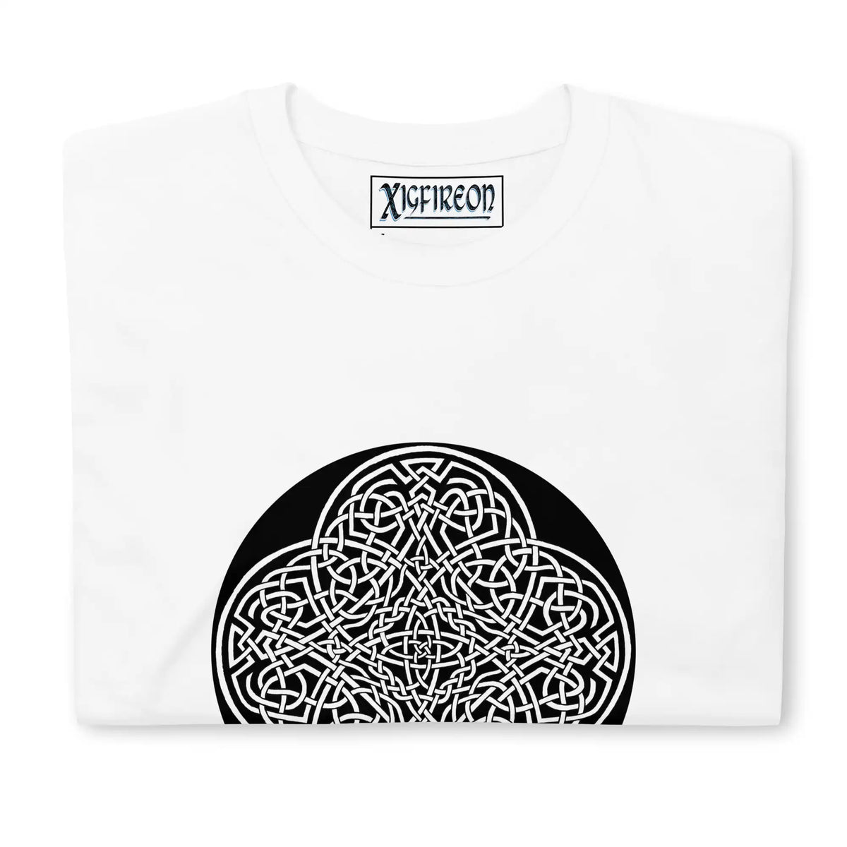 A folded white Xigfireon graphic t-shirt featuring the Black & White Circle iteration of the Reach Of The Spirit Celtic knot design. The Reach Of The Spirit Celtic knot represents Mother Earth.