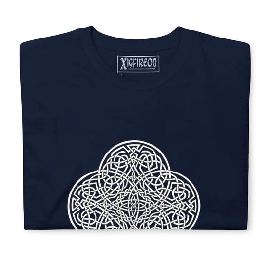 A folded navy blue Xigfireon graphic t-shirt featuring the Black & White Hollow iteration of the Reach Of The Spirit Celtic knot design. The Reach Of The Spirit Celtic knot is an Earth symbol.