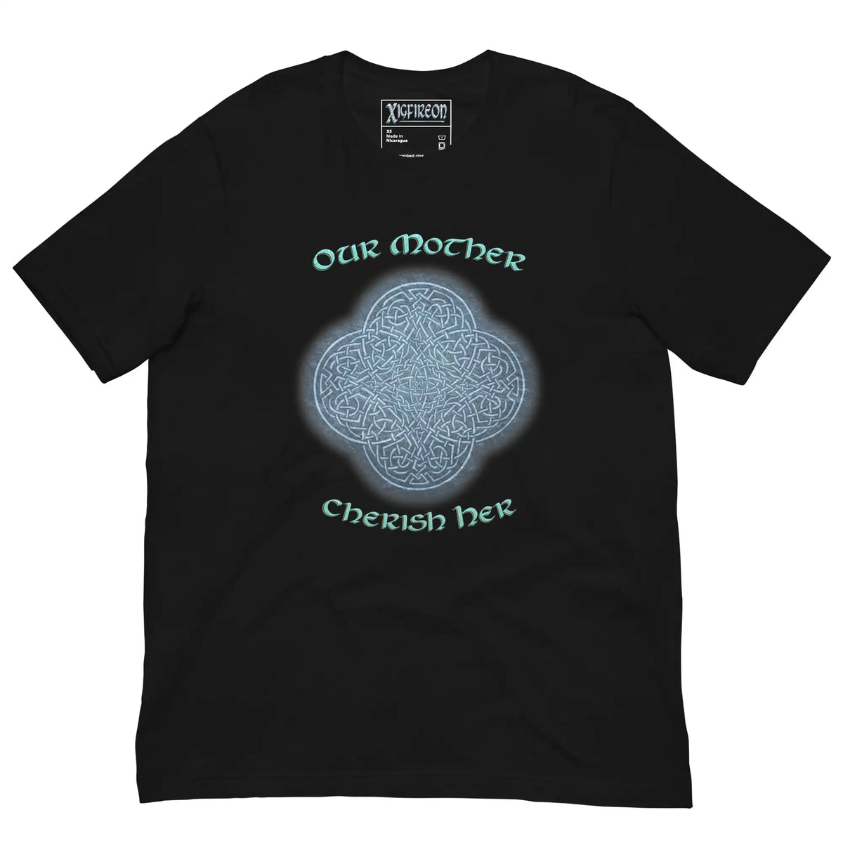 This black graphic t-shirt features the Blue Slate iteration of the Reach Of The Spirit Celtic knot design along with a message in a Celtic font: "Our Mother, Cherish Her".