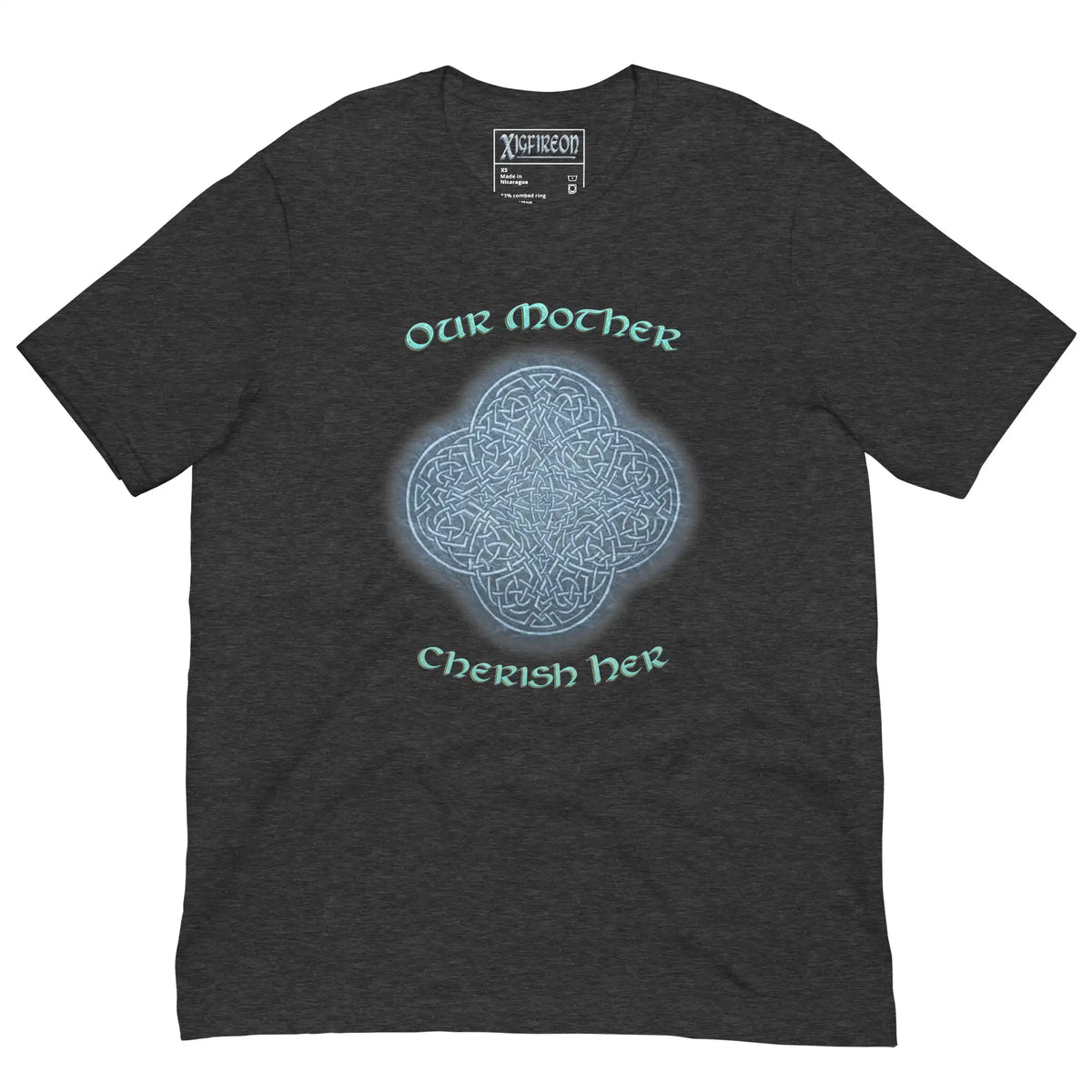 This dark grey heather graphic t-shirt features the Blue Slate iteration of the Reach Of The Spirit Celtic knot design along with a message in a Celtic font: "Our Mother, Cherish Her".