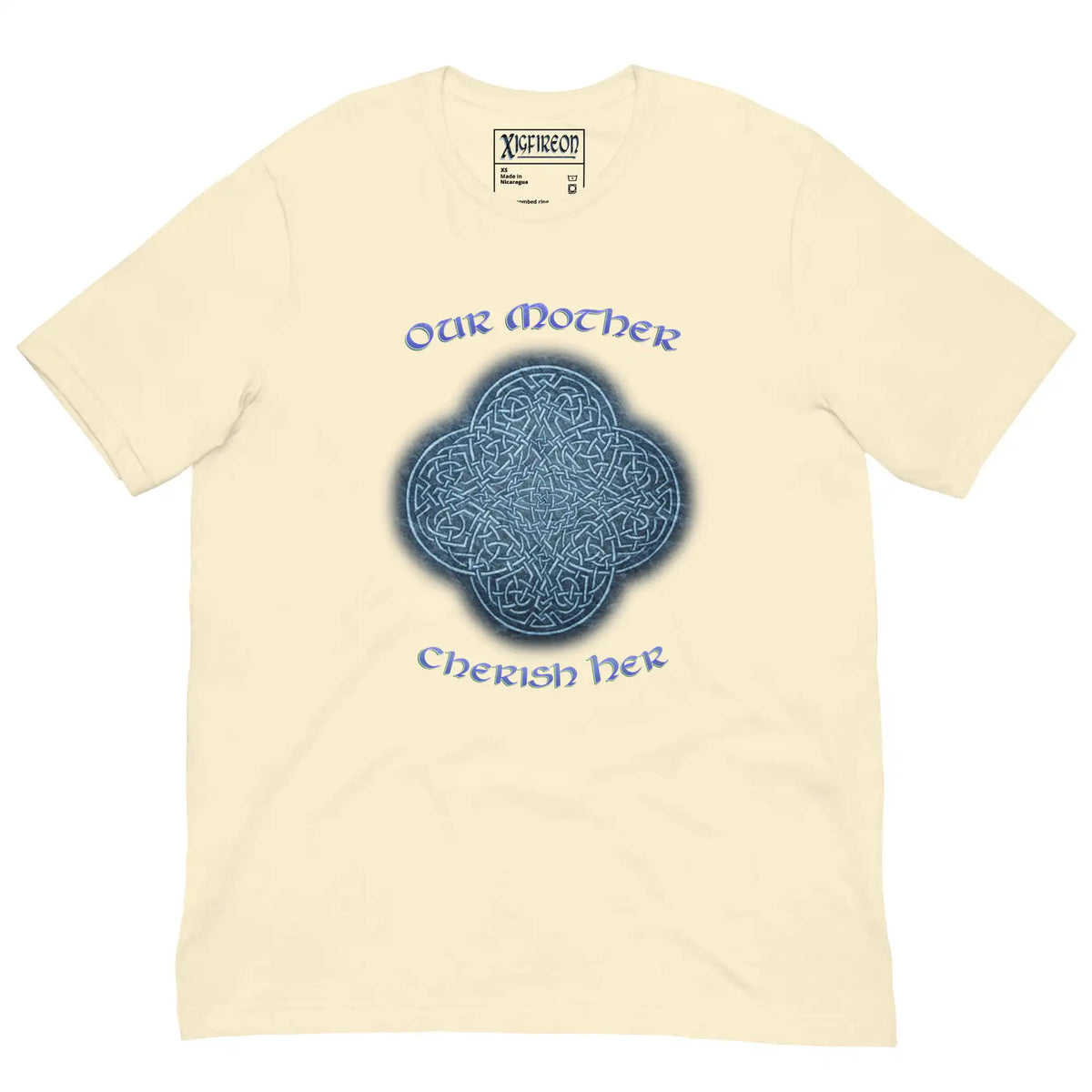 This naturally colored graphic t-shirt features the Blue Slate iteration of the Reach Of The Spirit Celtic knot design along with a message in a Celtic font: "Our Mother, Cherish Her".