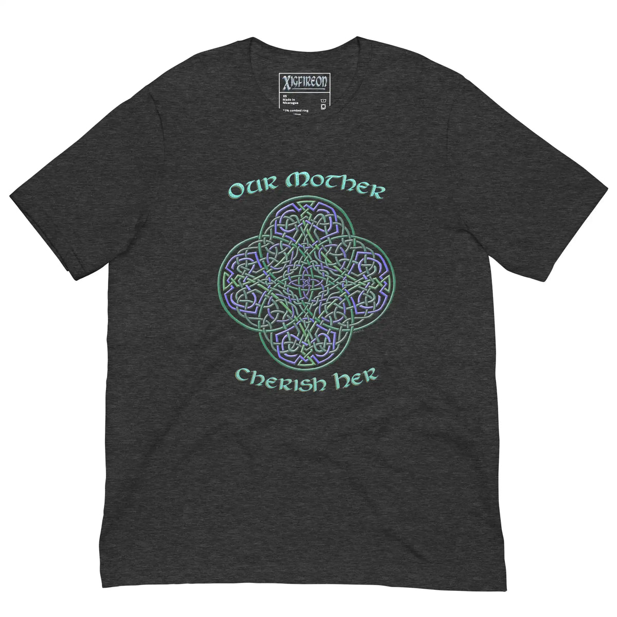 This dark grey heather graphic t-shirt features the Living Colour iteration of the Reach Of The Spirit Celtic knot design along with a message in a Celtic font: "Our Mother, Cherish Her".