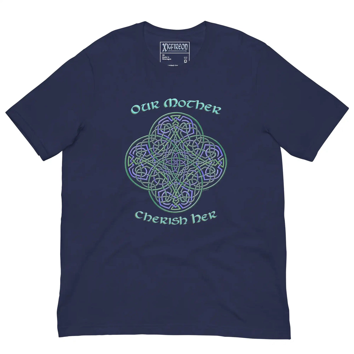 This navy blue graphic t-shirt features the Living Colour iteration of the Reach Of The Spirit Celtic knot design along with a message in a Celtic font: "Our Mother, Cherish Her".