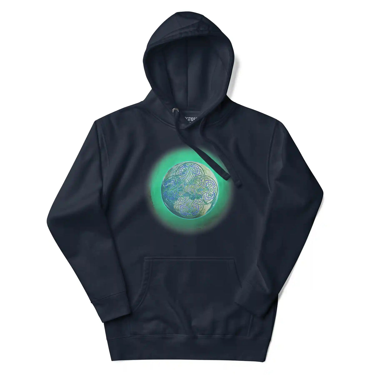 A navy blazer blue Xigfireon graphic hoodie featuring the Deep Forest iteration of the Reach Of The Spirit Celtic knot design.