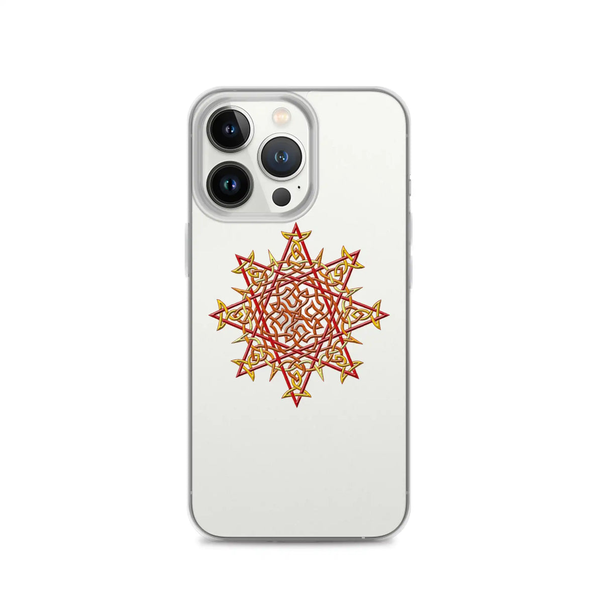 An iPhone 13 Pro in a Xigfireon clear phone case featuring the Fire Colour iteration of the Morning Star Fire Celtic knot design. The Morning Star Fire Celtic knot design represents Father Sun.