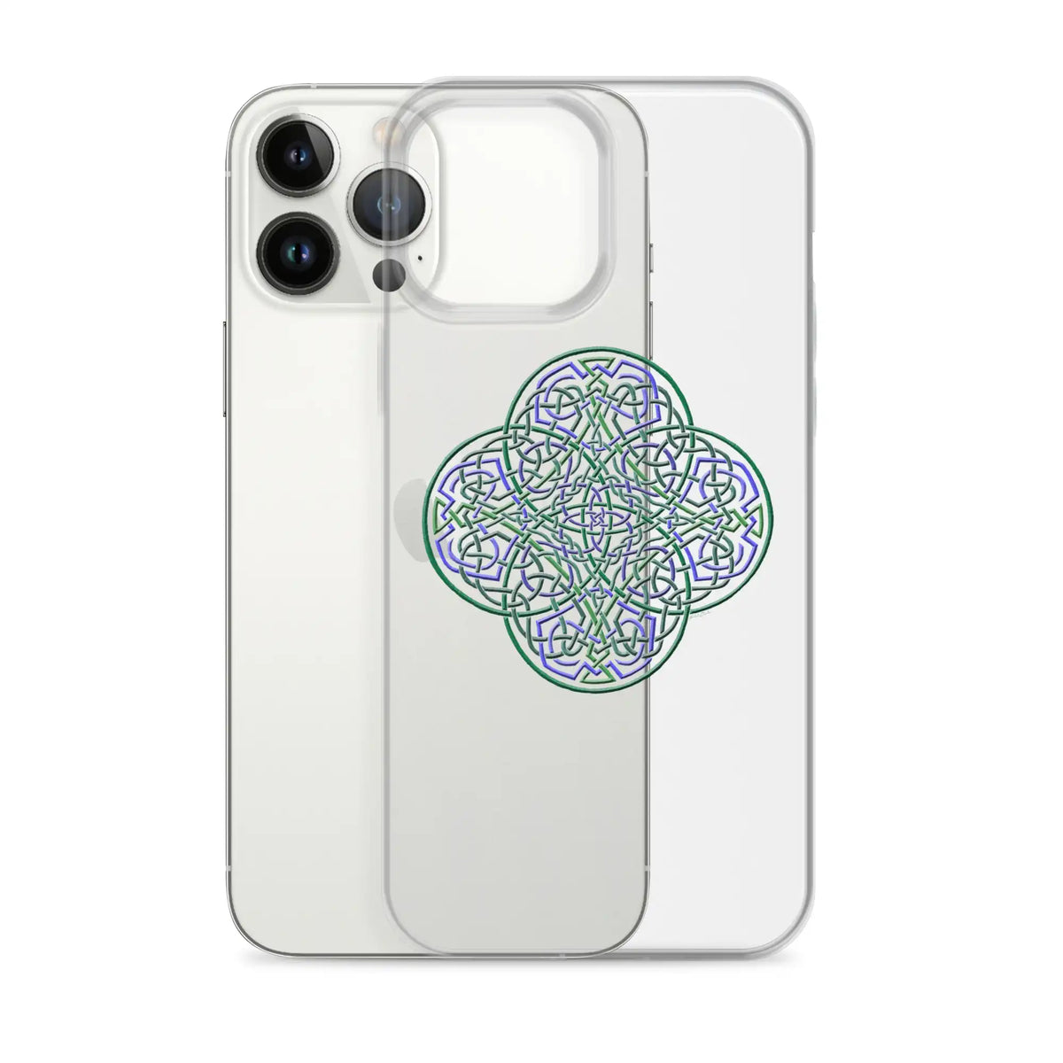 An iPhone 13 Pro Max behind a Xigfireon clear phone case featuring the Living Colour iteration of the Reach Of The Spirit Celtic knot design. The Reach Of The Spirit Celtic knot design represents Mother Earth.