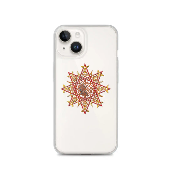 An iPhone 14 in a Xigfireon clear phone case featuring the Fire Colour iteration of the Morning Star Fire Celtic knot design. The Morning Star Fire Celtic knot design represents Father Sun.