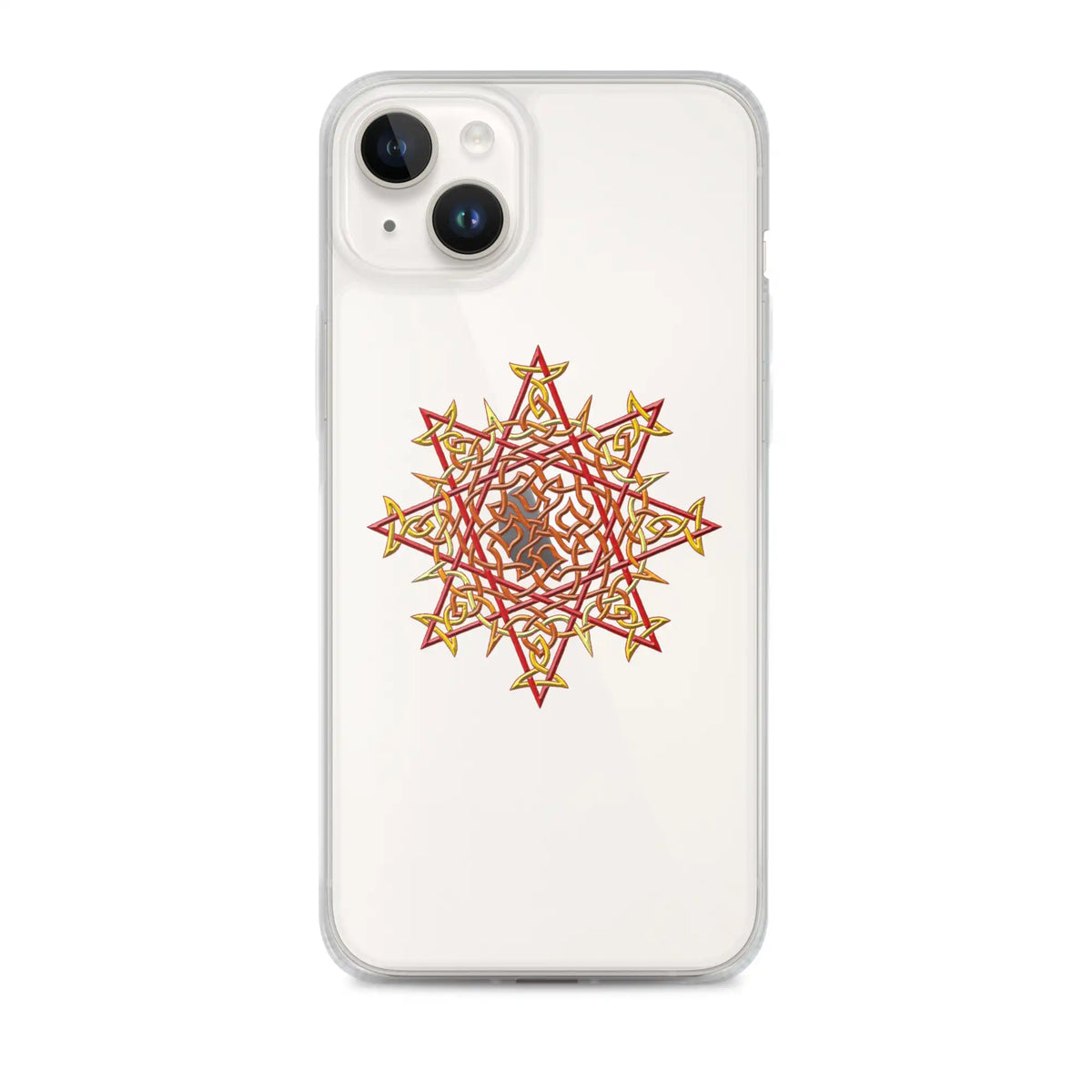An iPhone 14 Plus in a Xigfireon clear phone case featuring the Fire Colour iteration of the Morning Star Fire Celtic knot design. The Morning Star Fire Celtic knot design represents Father Sun.
