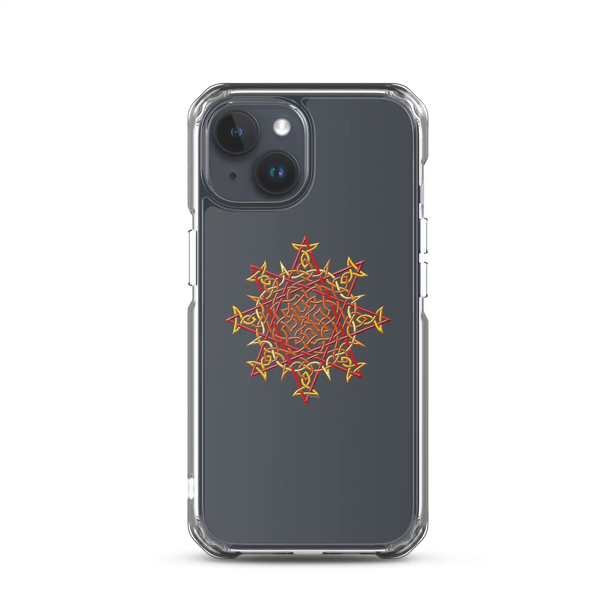 An iPhone 15 in a Xigfireon clear phone case featuring the Fire Colour iteration of the Morning Star Fire Celtic knot design. The Morning Star Fire Celtic knot design symbolizes the Sun.