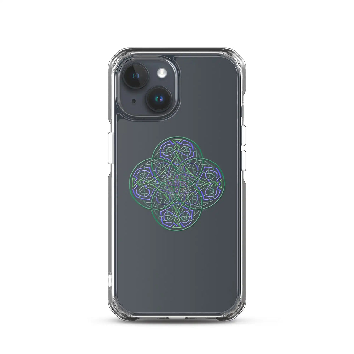 An iPhone 15 in a Xigfireon clear phone case featuring the Living Colour iteration of the Reach Of The Spirit Celtic knot design. The Reach Of The Spirit Celtic knot design represents Mother Earth.