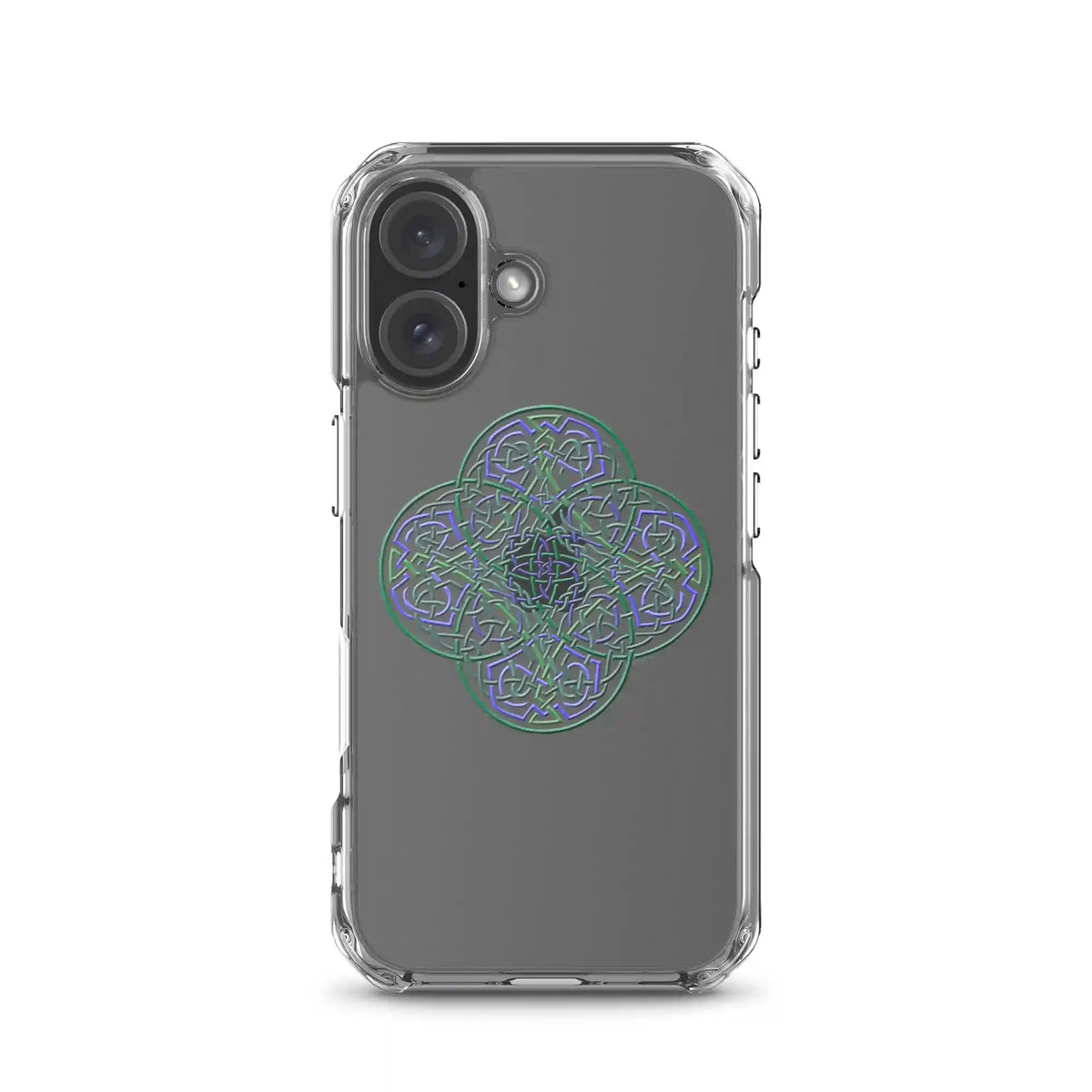 Xigfireon Reach Of The Spirit Living Colour Celtic knot phone case shown on iPhone 16.