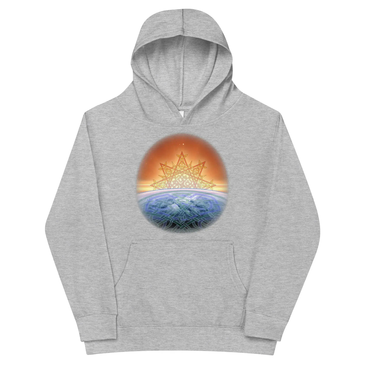 A kids athletic heather graphic hoodie featuring the Derivation II Celtic knots merger design.