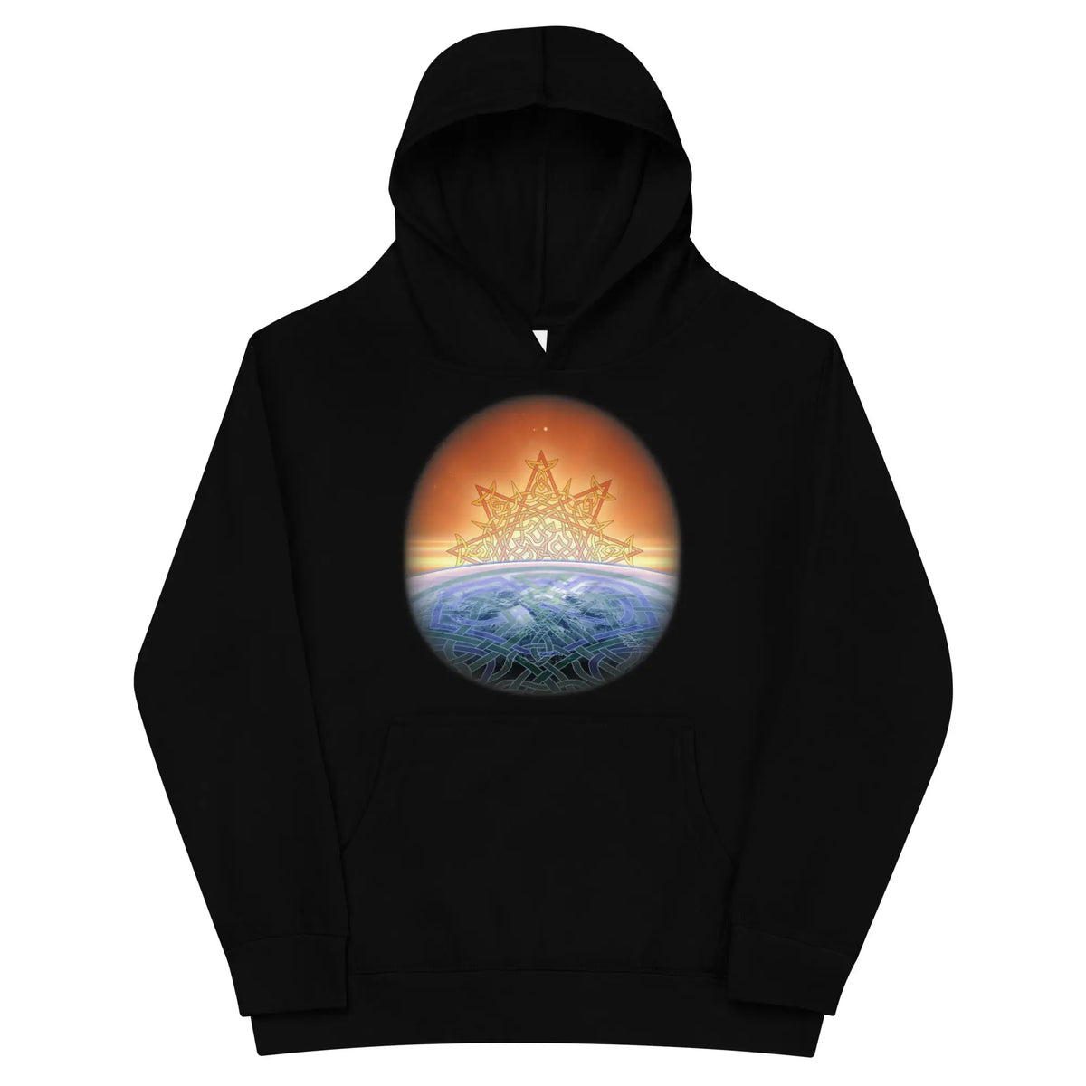 A kids black graphic hoodie featuring the Derivation II Celtic knots merger design.
