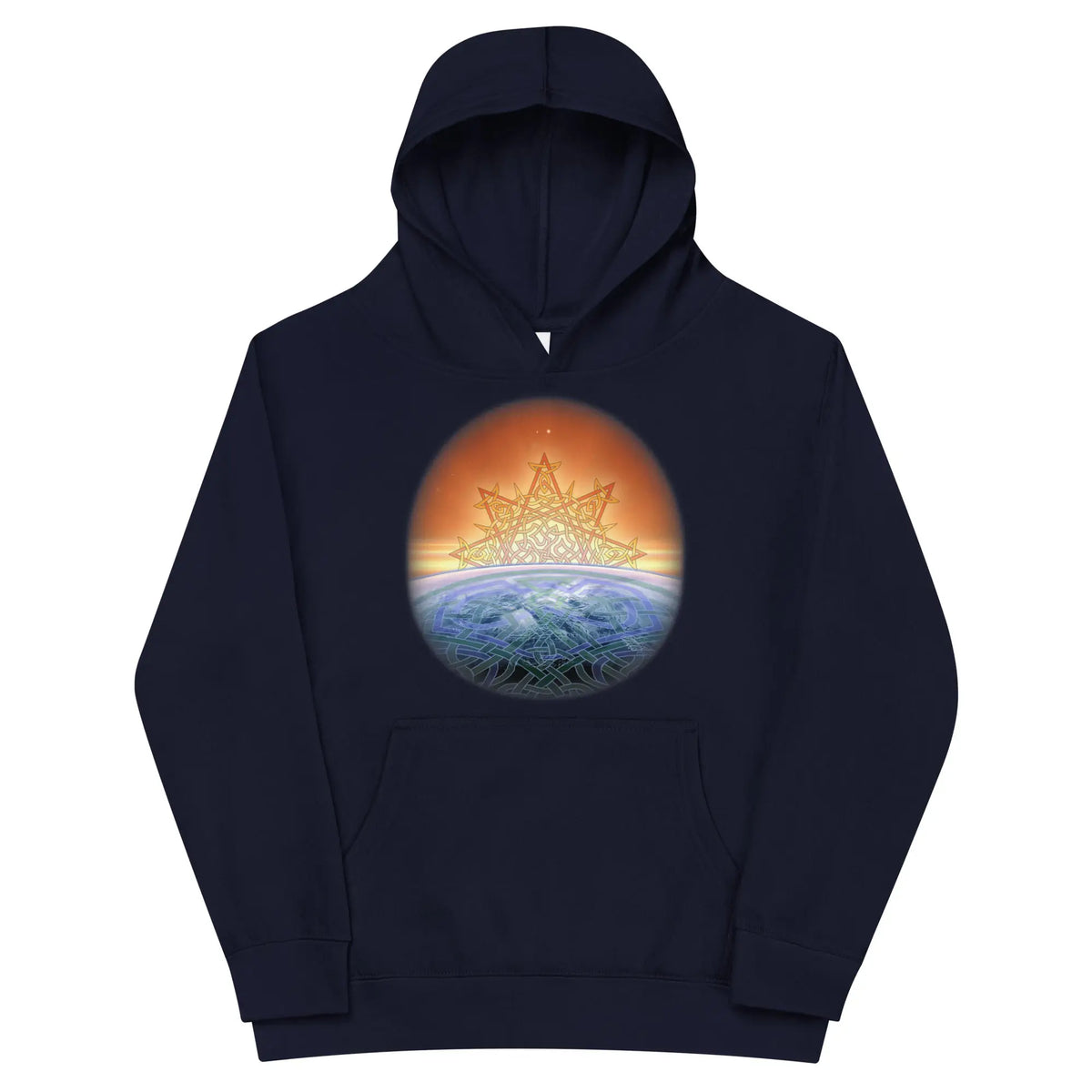 A kids navy graphic hoodie featuring the Derivation II Celtic knots merger design.