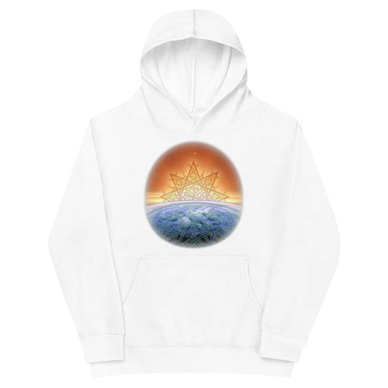 A kids white graphic hoodie featuring the Derivation II Celtic knots merger design.
