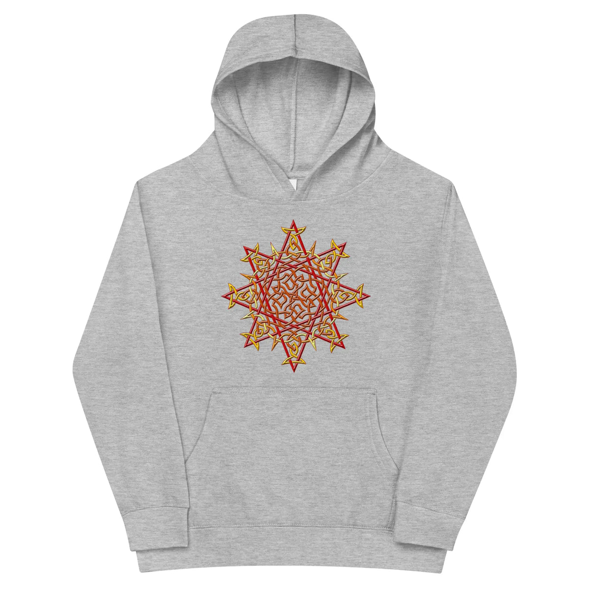 A kids athletic heather graphic hoodie featuring the Fire Colour iteration of the Morning Star Fire Celtic knot design.