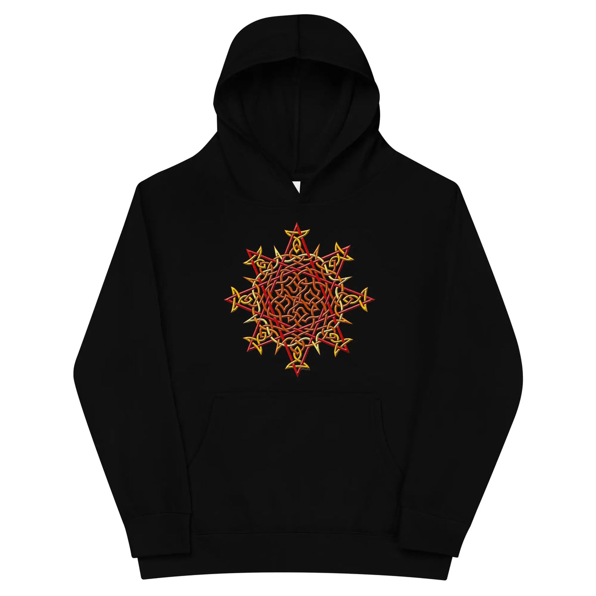 A kids black graphic hoodie featuring the Fire Colour iteration of the Morning Star Fire Celtic knot design.