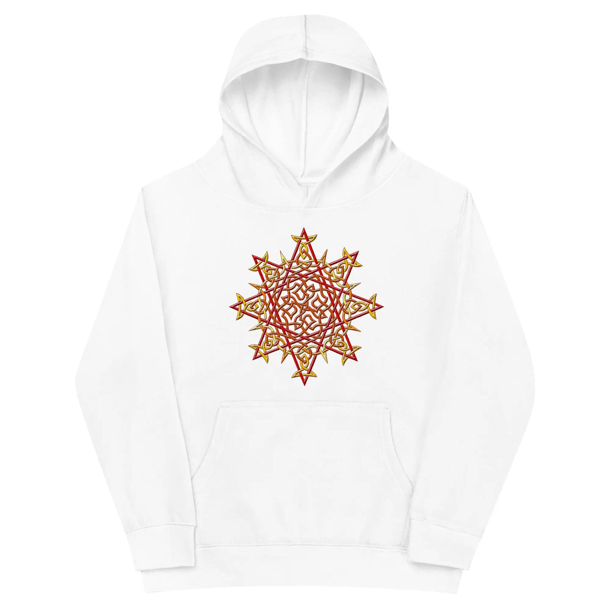 A kids white graphic hoodie featuring the Fire Colour iteration of the Morning Star Fire Celtic knot design.