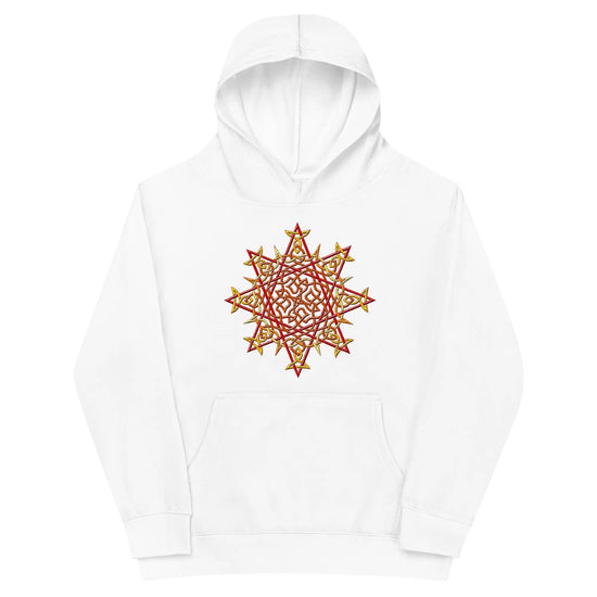 A kids white graphic hoodie featuring the Fire Colour iteration of the Morning Star Fire Celtic knot design.