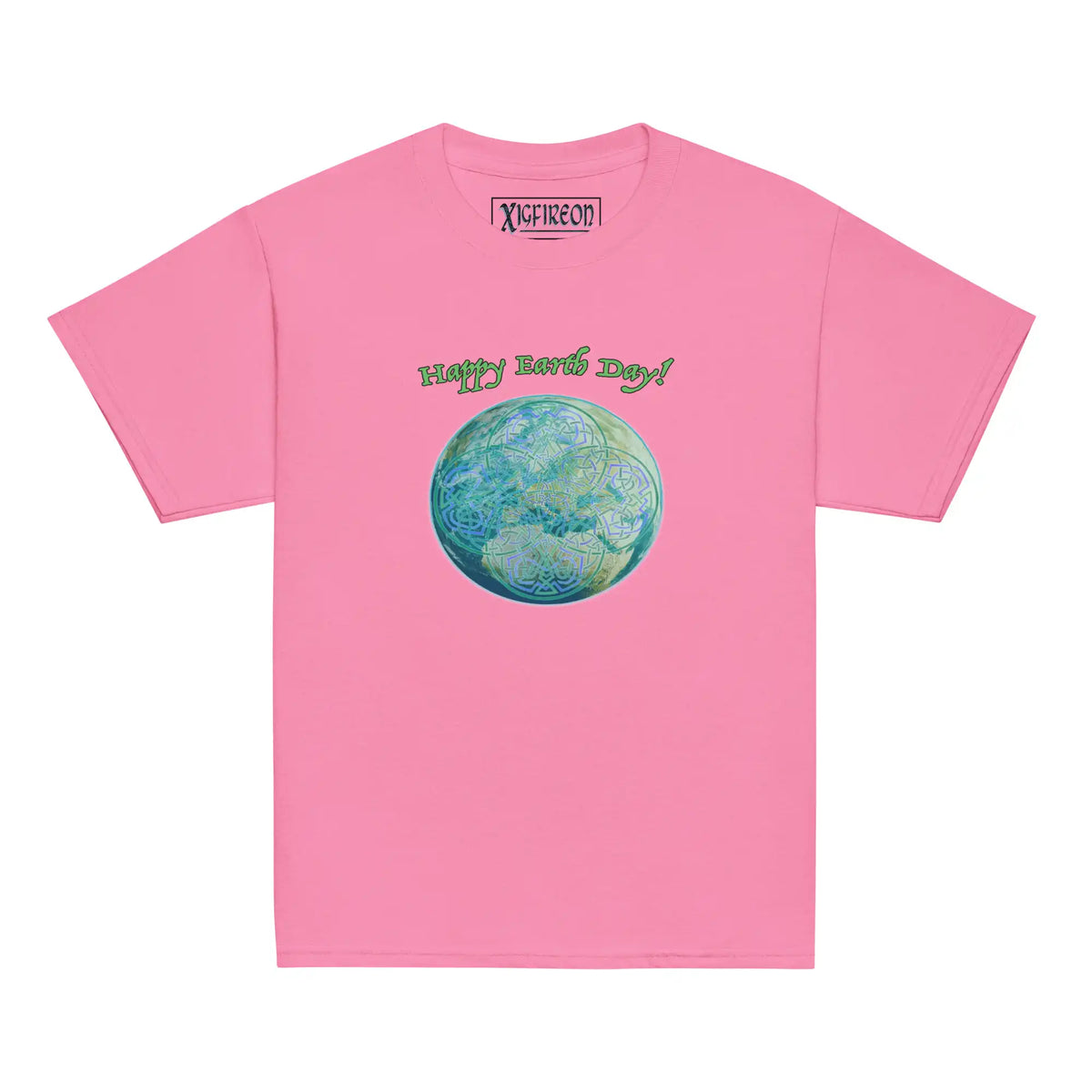 A kids azalea pink graphic t-shirt featuring the Sacred Planet iteration of the Reach Of The Spirit Celtic knot design under a message reading "Happy Earth Day".