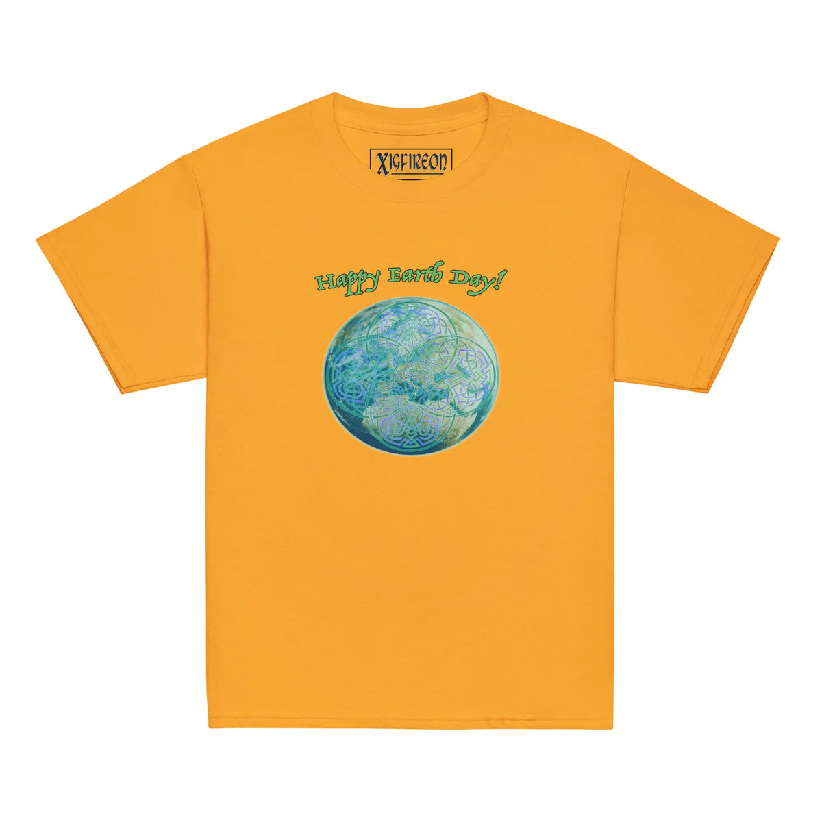 A kids gold graphic t-shirt featuring the Sacred Planet iteration of the Reach Of The Spirit Celtic knot design under a message reading "Happy Earth Day".