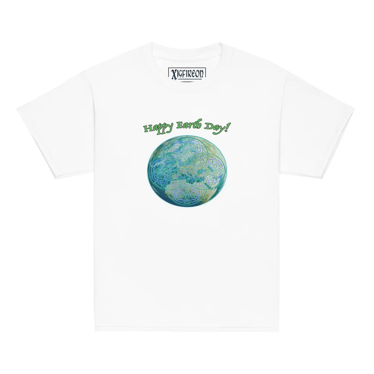 A kids white graphic t-shirt featuring the Sacred Planet iteration of the Reach Of The Spirit Celtic knot design under a message reading "Happy Earth Day".