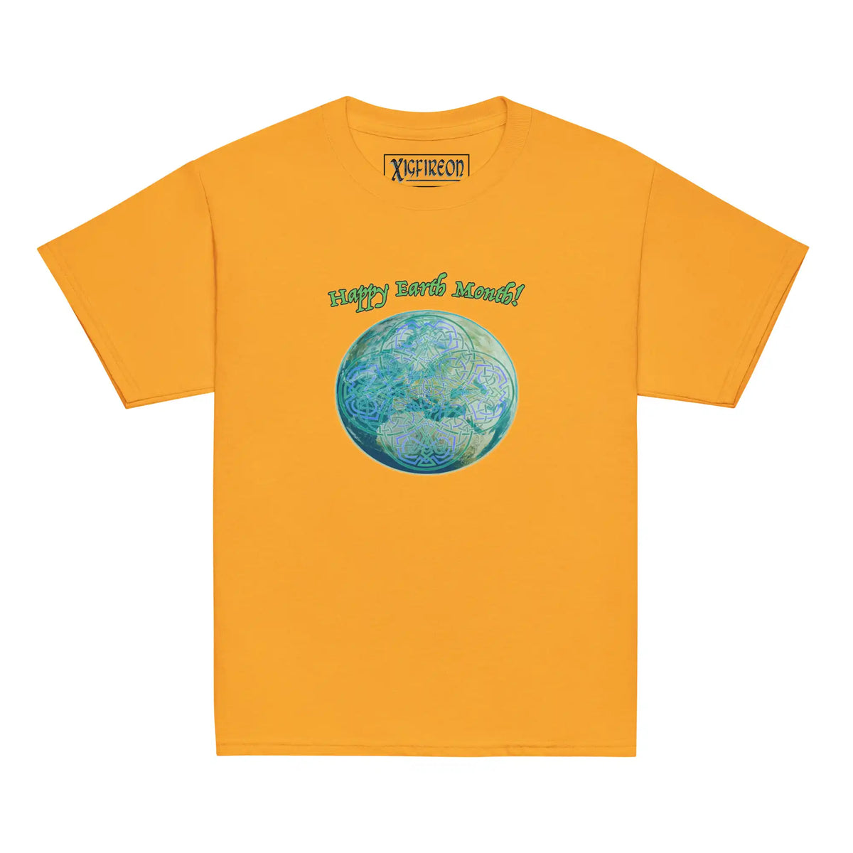 A kids gold graphic t-shirt featuring the Sacred Planet iteration of the Reach Of The Spirit Celtic knot design under a message reading "Happy Earth Month".