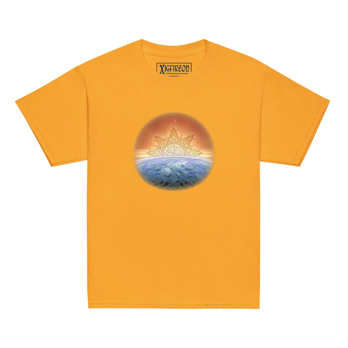 A gold Xigfireon kids graphic t-shirt featuring the Derivation II Celtic knot merger design symbolizing the Sun and the Earth in their cosmic dance.