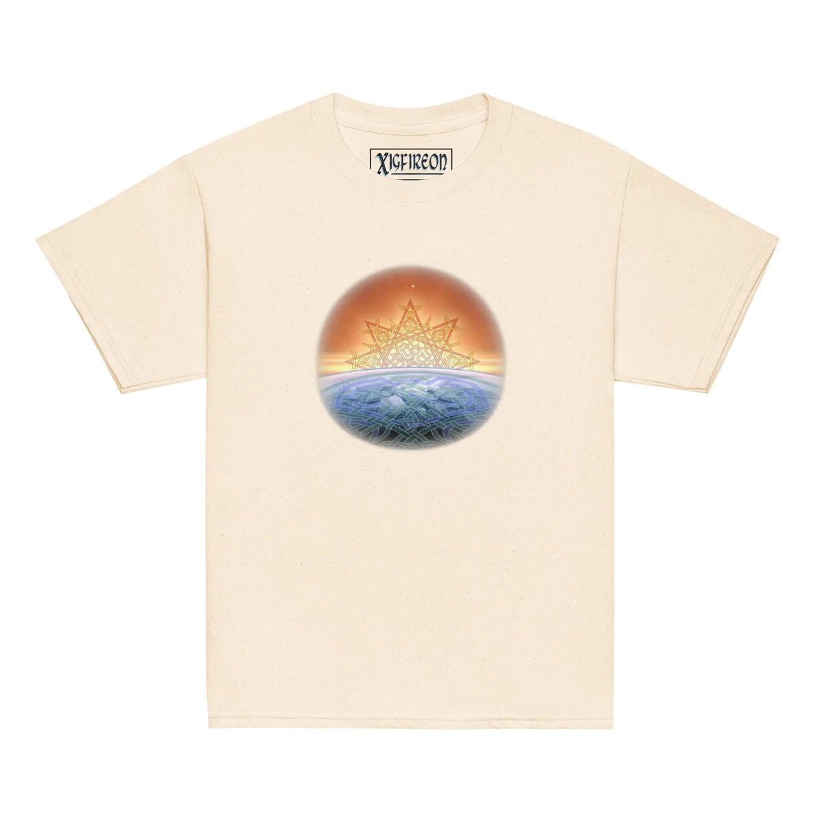 A natural Xigfireon kids graphic t-shirt featuring the Derivation II Celtic knot merger design symbolizing the Sun and the Earth in their cosmic dance.