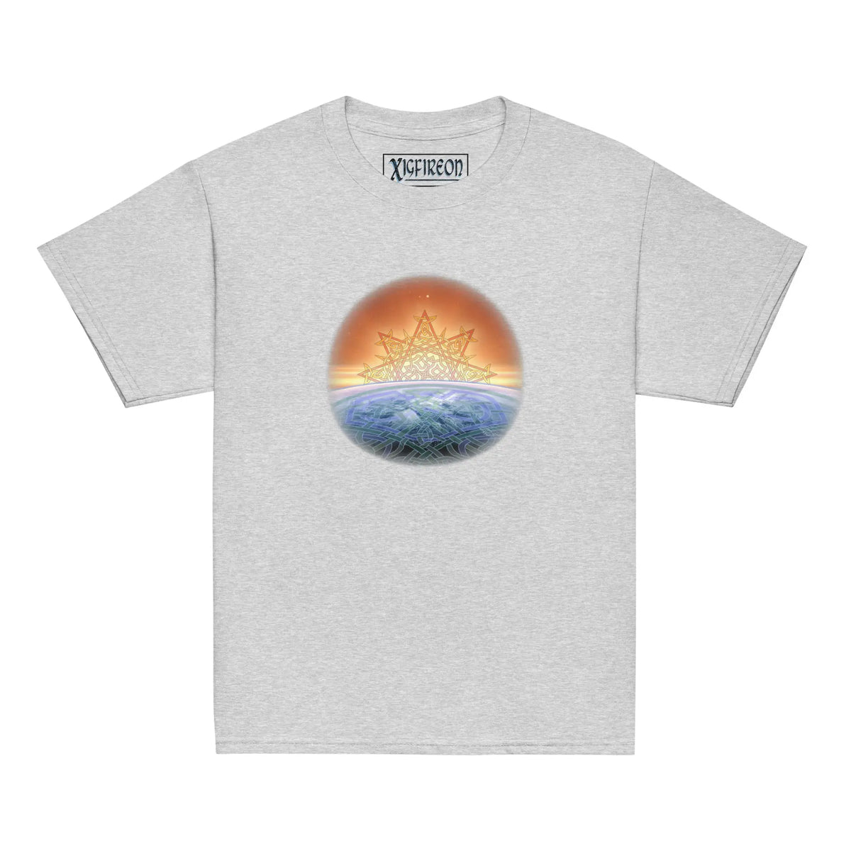 A sport grey Xigfireon kids graphic t-shirt featuring the Derivation II Celtic knot merger design symbolizing the Sun and the Earth in their cosmic dance.