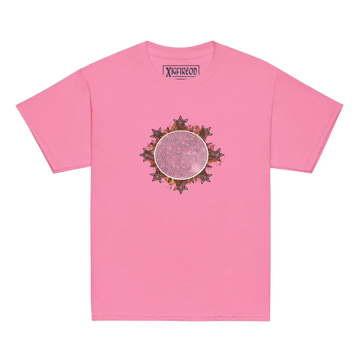 An azalea pink Xigfireon kids graphic t-shirt featuring the Eclipsed iteration of the Morning Star Fire Celtic knot design. The Morning Star Fire Celtic knot represents the sun.