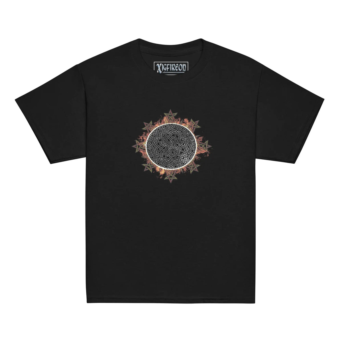 A black Xigfireon kids graphic t-shirt featuring the Eclipsed iteration of the Morning Star Fire Celtic knot design. The Morning Star Fire Celtic knot symbolizes Father Sun and the eternal Cosmic Light.
