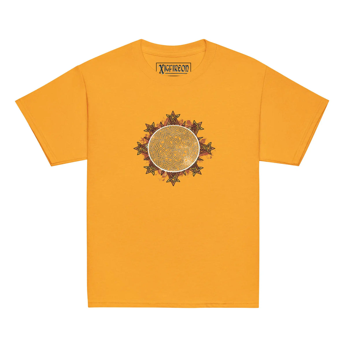 A gold Xigfireon kids graphic t-shirt featuring the Eclipsed iteration of the Morning Star Fire Celtic knot design. The Morning Star Fire Celtic knot represents the sun.