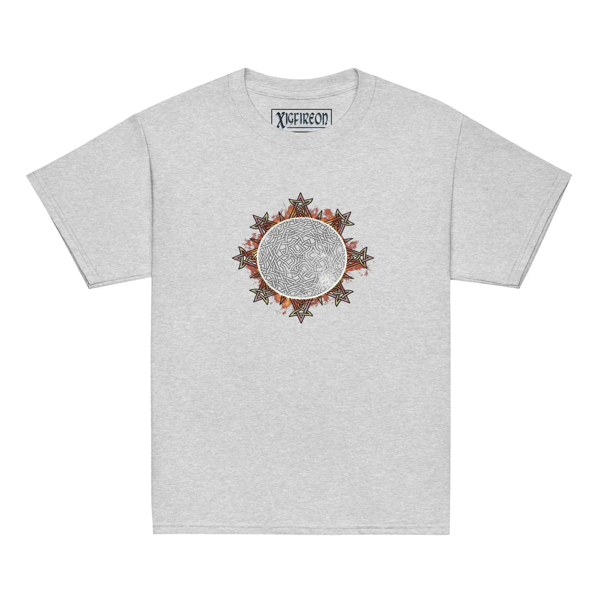 A sport grey Xigfireon kids graphic t-shirt featuring the Eclipsed iteration of the Morning Star Fire Celtic knot design. The Morning Star Fire Celtic knot represents the sun.