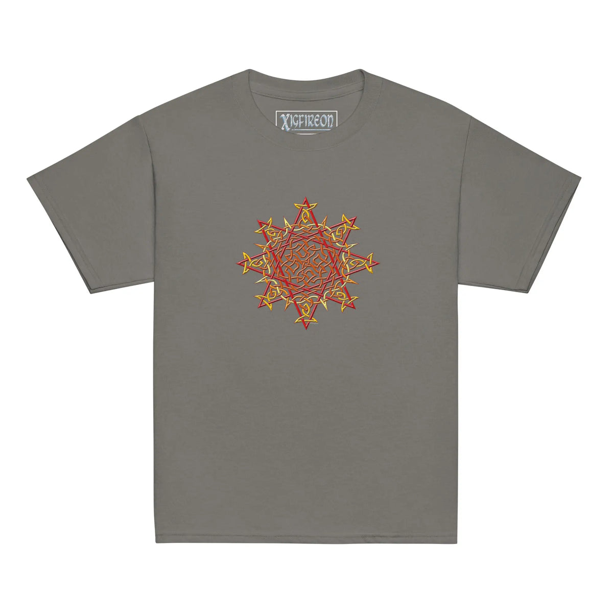 A charcoal grey Xigfireon kids graphic t-shirt featuring the Fire Colour iteration of the Morning Star Fire Celtic knot design. The Morning Star Fire Celtic knot symbolizes Father Sun and the eternal Cosmic Light.