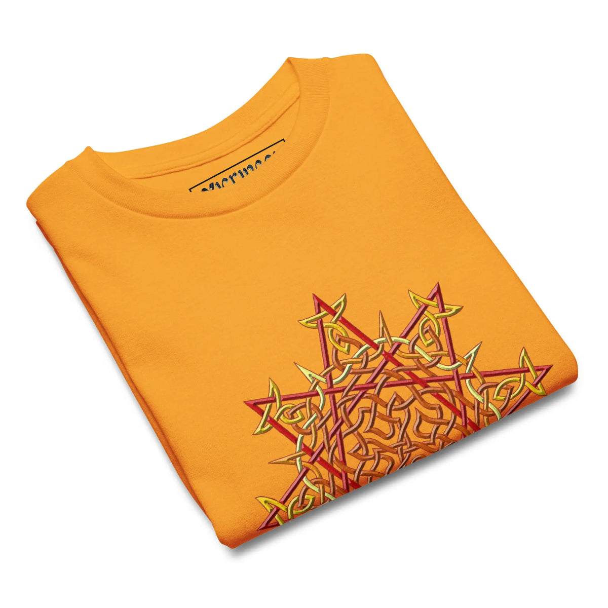 A folded gold Xigfireon kids graphic t-shirt featuring the Fire Colour iteration of the Morning Star Fire Celtic knot design. The Morning Star Fire Celtic knot symbolizes Father Sun and the eternal Cosmic Light.