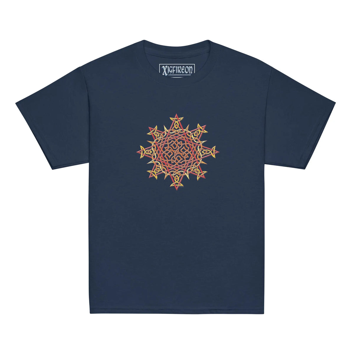 A navy blue Xigfireon kids graphic t-shirt featuring the Fire Colour iteration of the Morning Star Fire Celtic knot design. The Morning Star Fire Celtic knot symbolizes Father Sun and the eternal Cosmic Light.