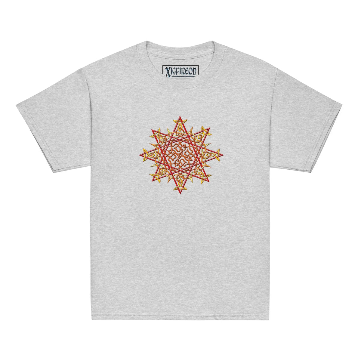 A sport grey Xigfireon kids graphic t-shirt featuring the Fire Colour iteration of the Morning Star Fire Celtic knot design. The Morning Star Fire Celtic knot symbolizes Father Sun and the eternal Cosmic Light.
