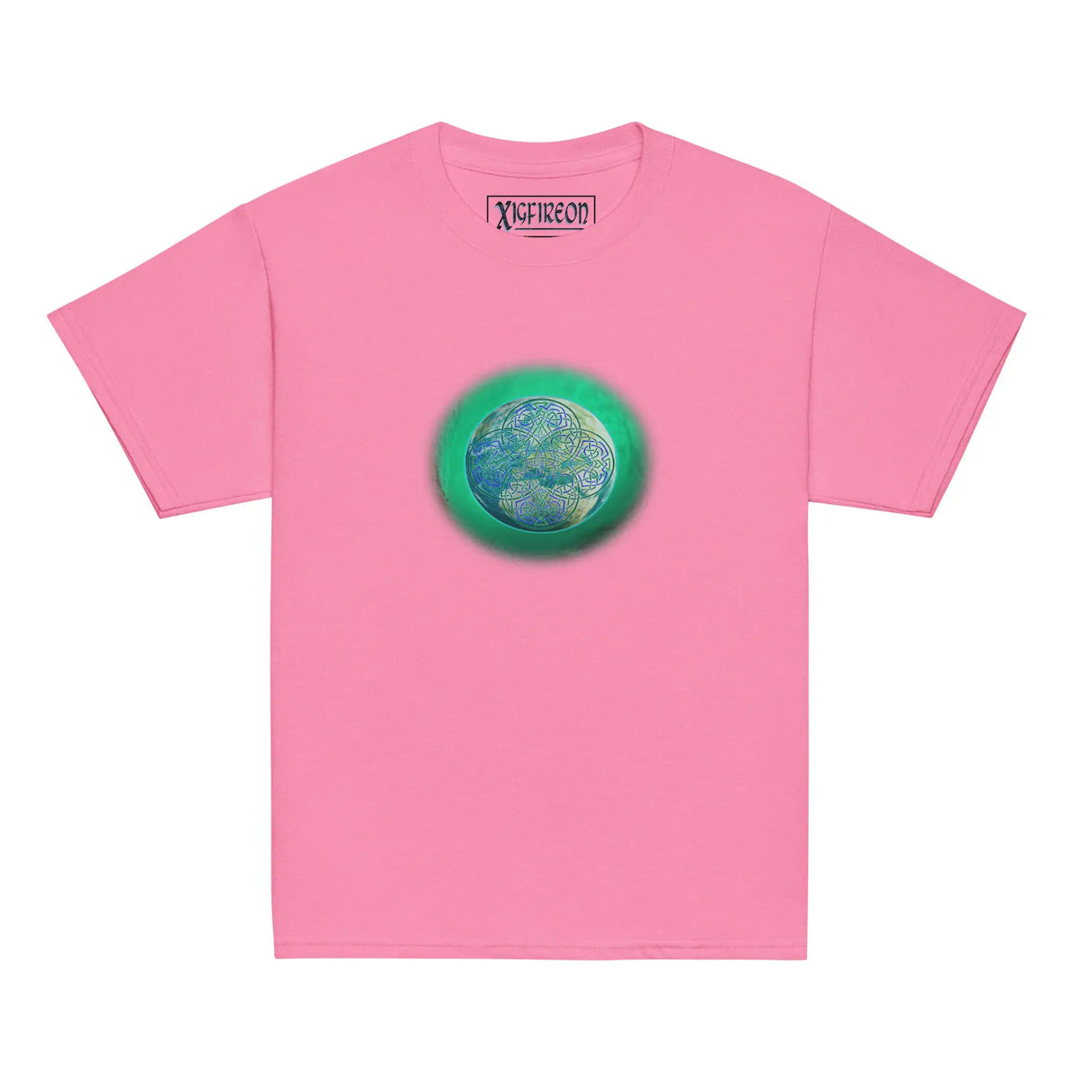 An azalea pink Xigfireon kids graphic t-shirt featuring the Deep Forest iteration of the Reach Of The Spirit Celtic knot design. The Reach Of The Spirit Celtic knot symbolizes Mother Earth.