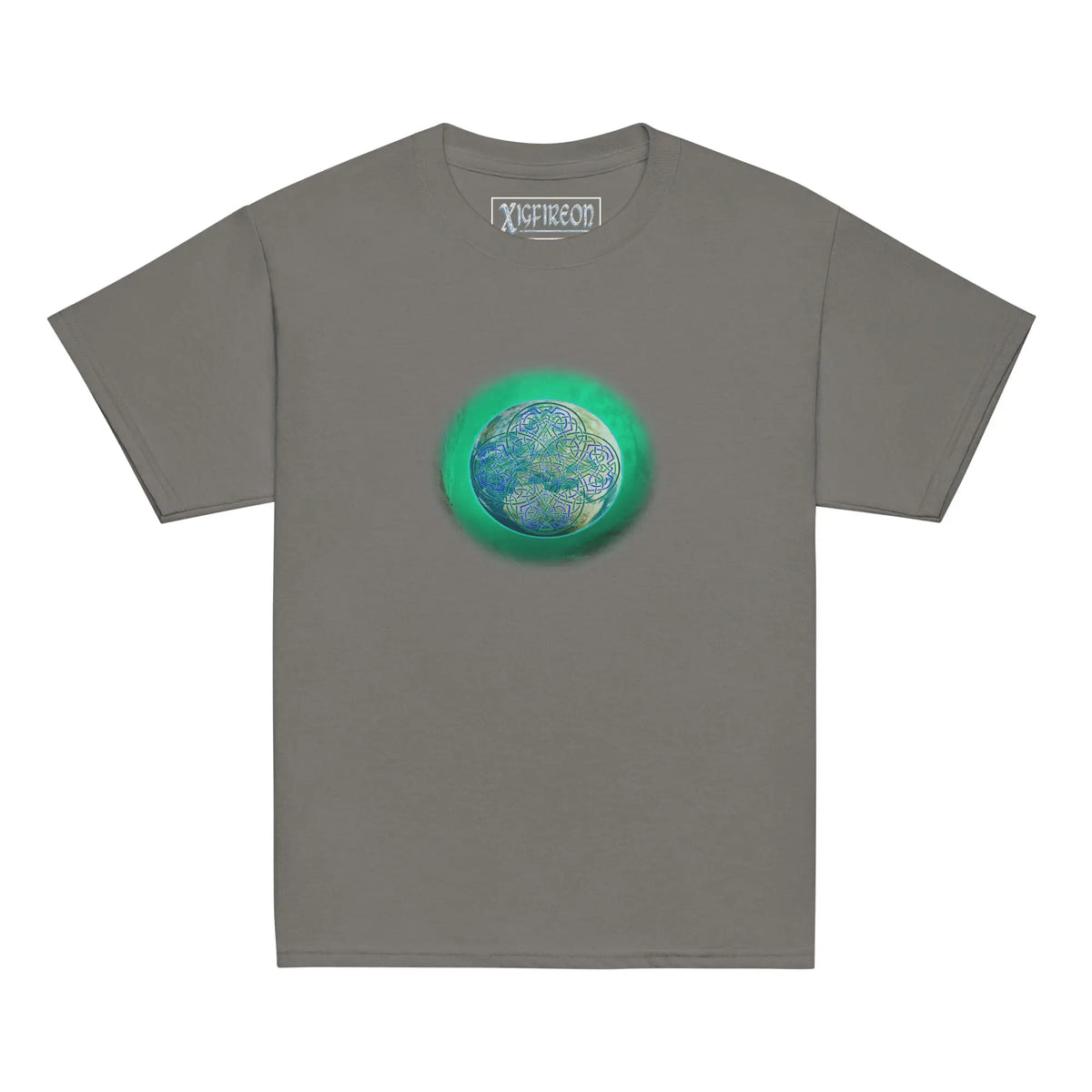 A charcoal grey Xigfireon kids graphic t-shirt featuring the Deep Forest iteration of the Reach Of The Spirit Celtic knot design. The Reach Of The Spirit Celtic knot symbolizes Mother Earth.