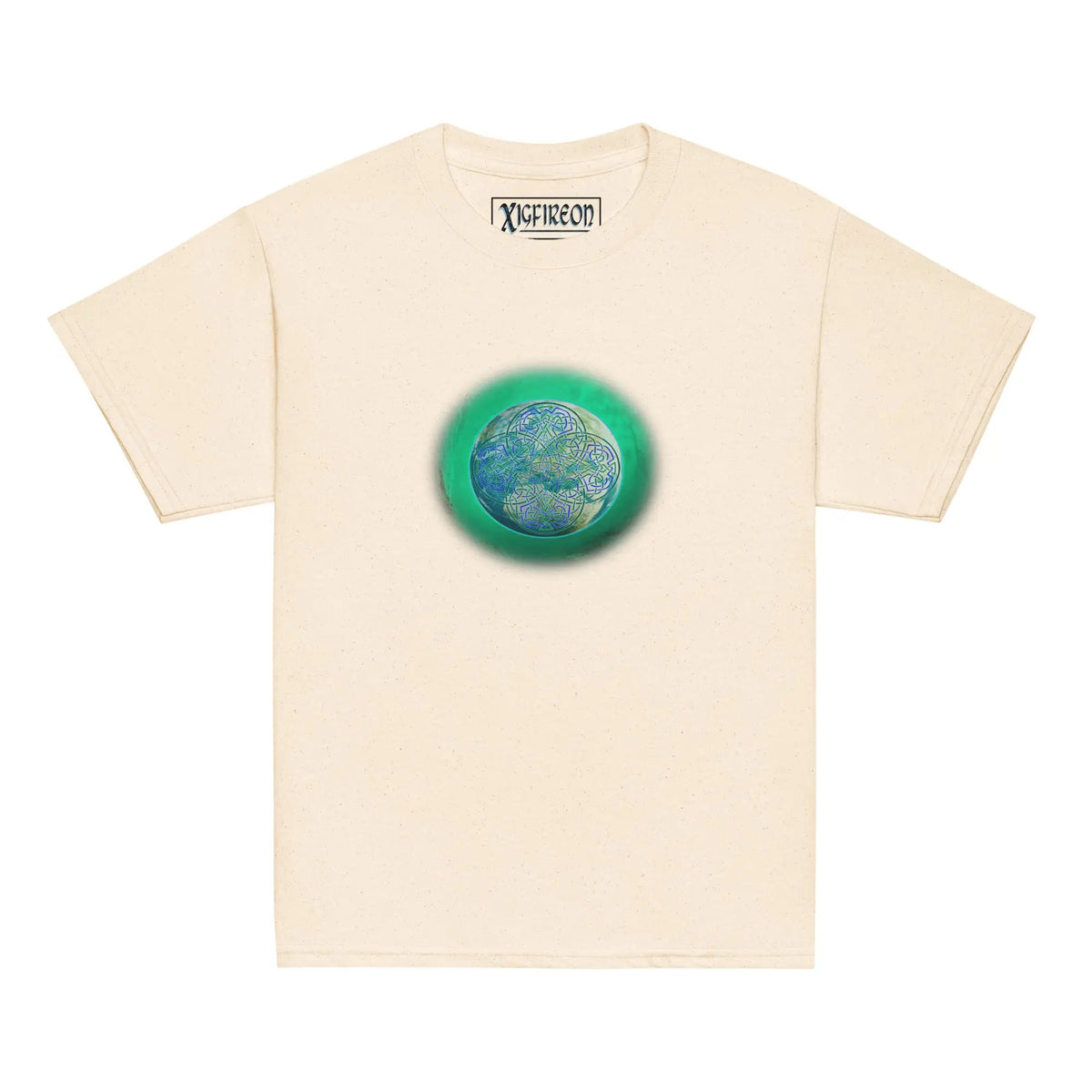 A natural Xigfireon kids graphic t-shirt featuring the Deep Forest iteration of the Reach Of The Spirit Celtic knot design. The Reach Of The Spirit Celtic knot symbolizes Mother Earth.