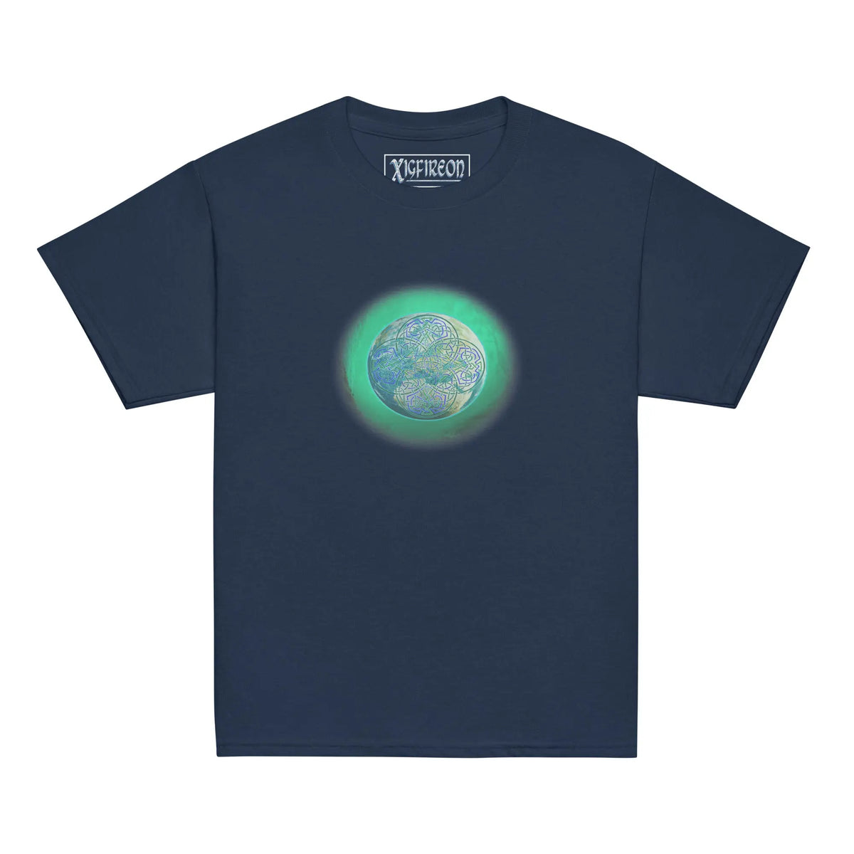 A navy blue Xigfireon kids graphic t-shirt featuring the Deep Forest iteration of the Reach Of The Spirit Celtic knot design. The Reach Of The Spirit Celtic knot symbolizes Mother Earth.
