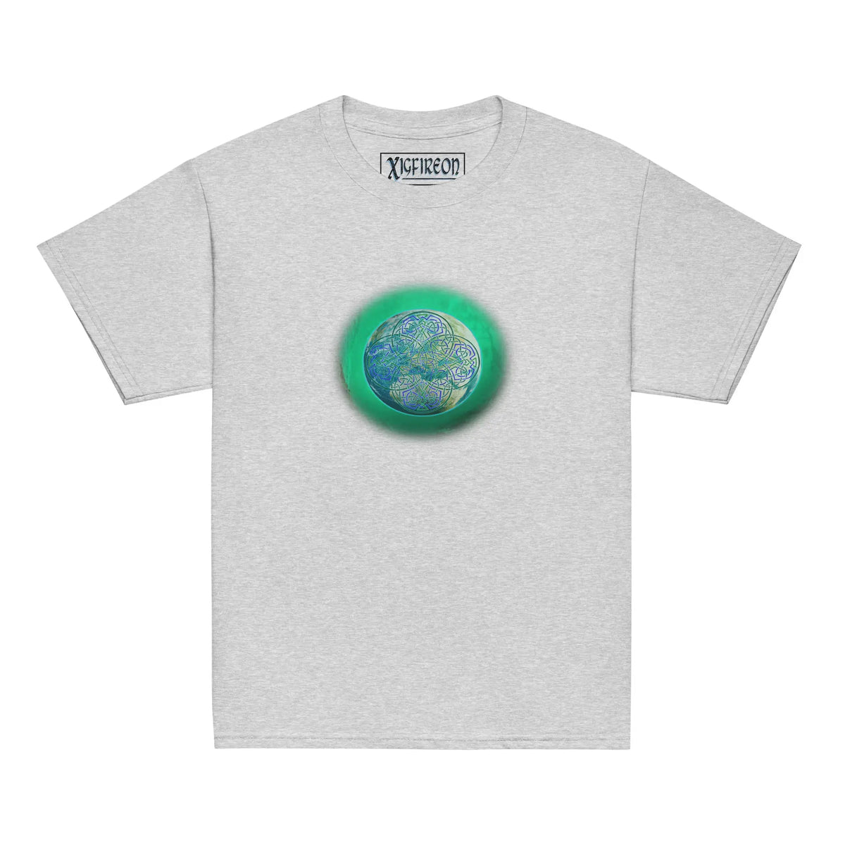 A sport grey Xigfireon kids graphic t-shirt featuring the Deep Forest iteration of the Reach Of The Spirit Celtic knot design. The Reach Of The Spirit Celtic knot symbolizes Mother Earth.
