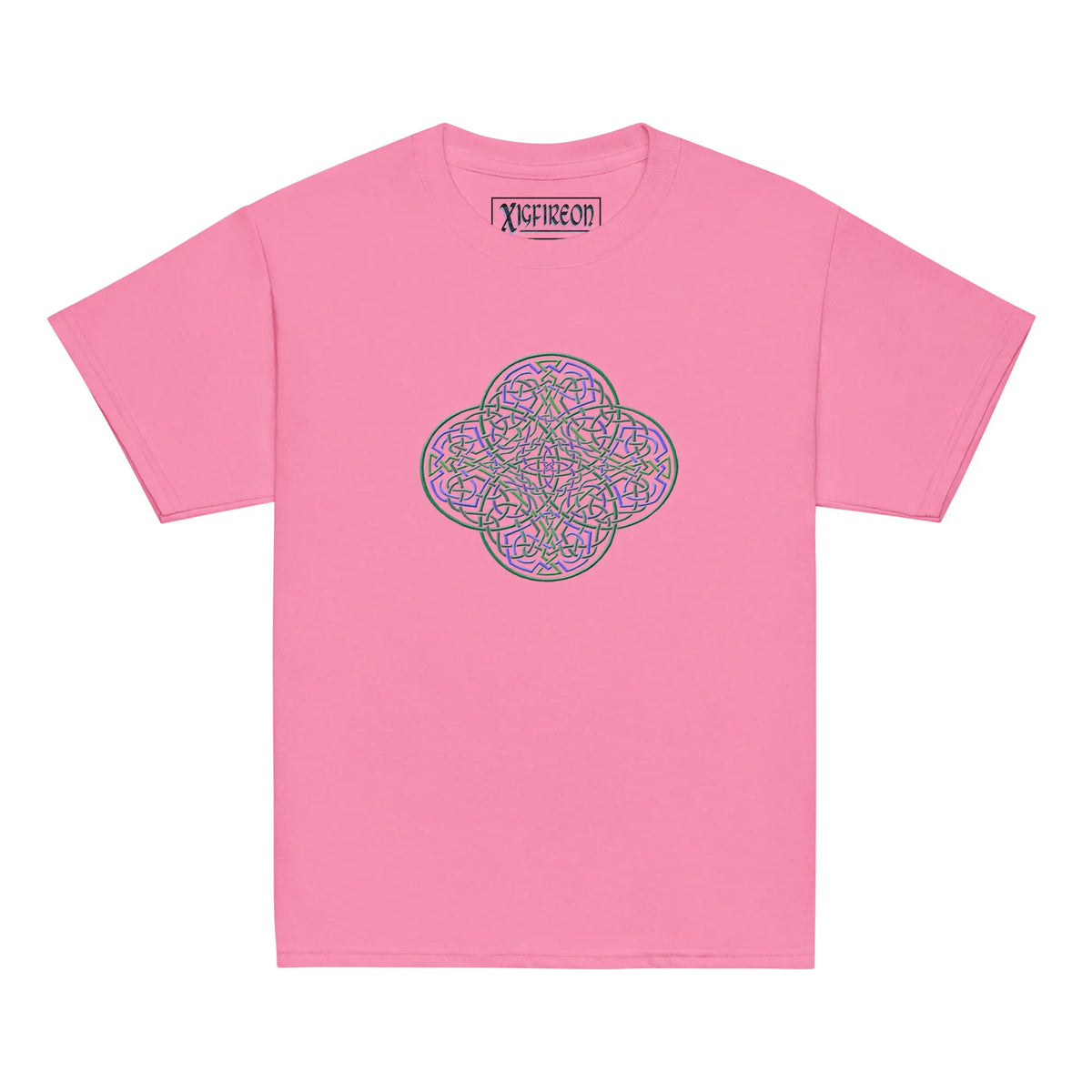 An azalea pink Xigfireon kids graphic t-shirt featuring the Living Colour iteration of the Reach Of The Spirit Celtic knot design. The Reach Of The Spirit Celtic knot symbolizes Mother Earth.