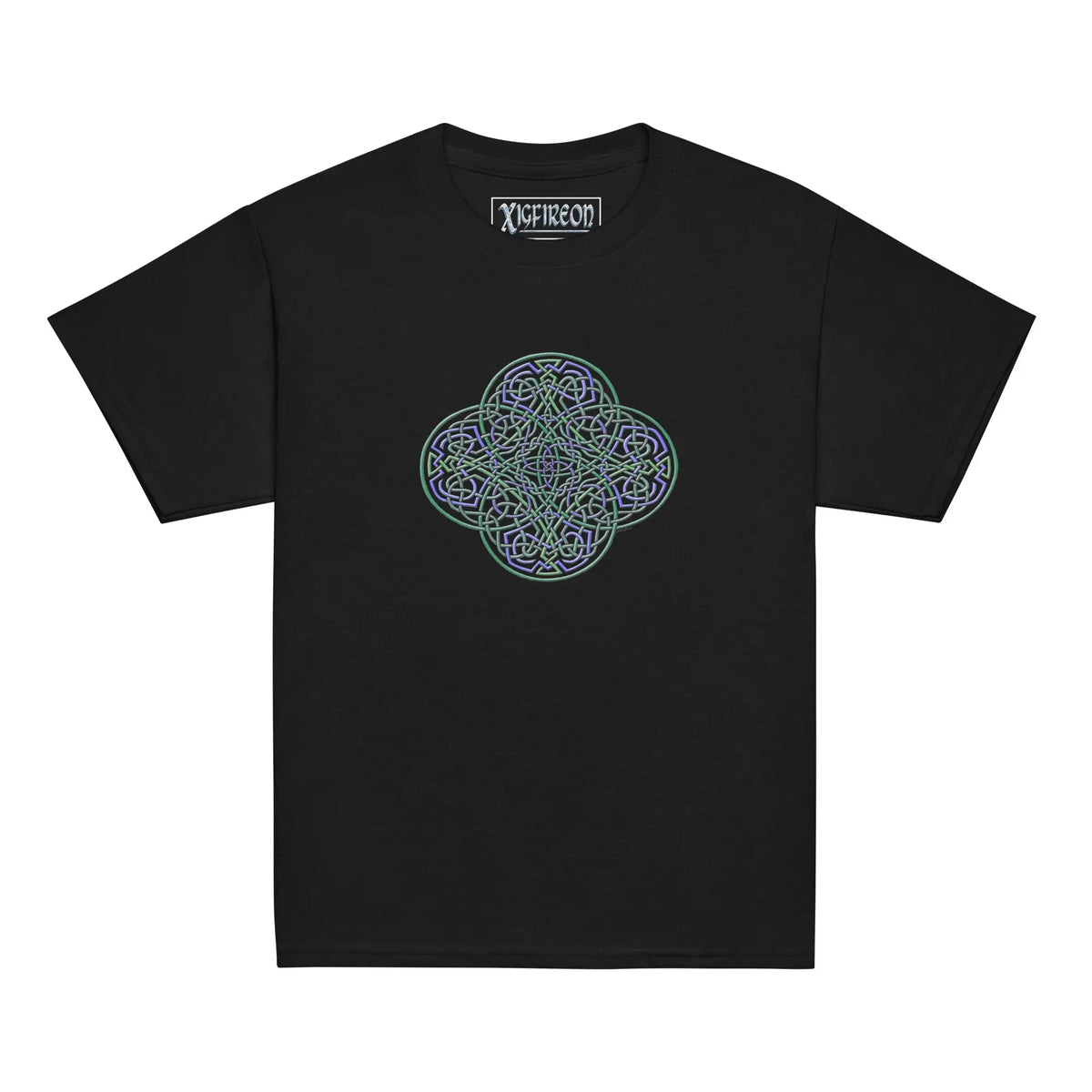 A black Xigfireon kids graphic t-shirt featuring the Living Colour iteration of the Reach Of The Spirit Celtic knot design. The Reach Of The Spirit Celtic knot symbolizes Mother Earth.