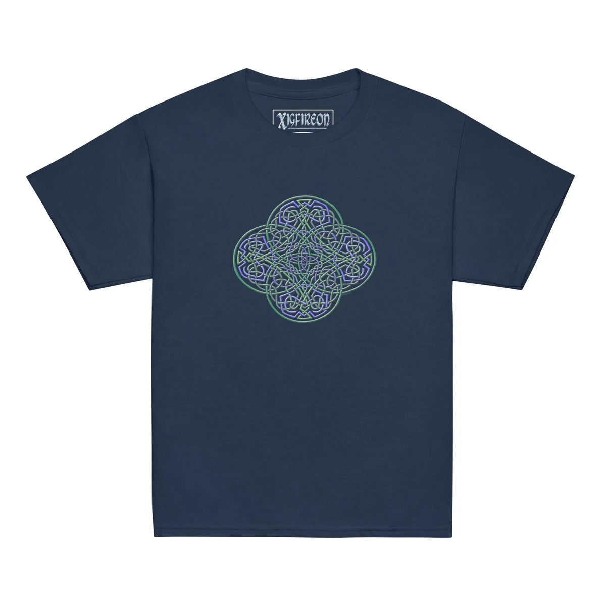 A navy blue Xigfireon kids graphic t-shirt featuring the Living Colour iteration of the Reach Of The Spirit Celtic knot design. The Reach Of The Spirit Celtic knot symbolizes Mother Earth.