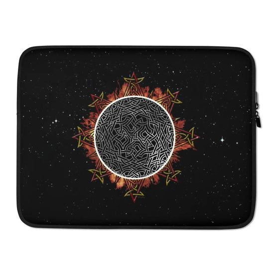 A 15 inch graphic laptop sleeve featuring the Eclipsed iteration of the Morning Star Fire Celtic knot design amidst a field of stars.